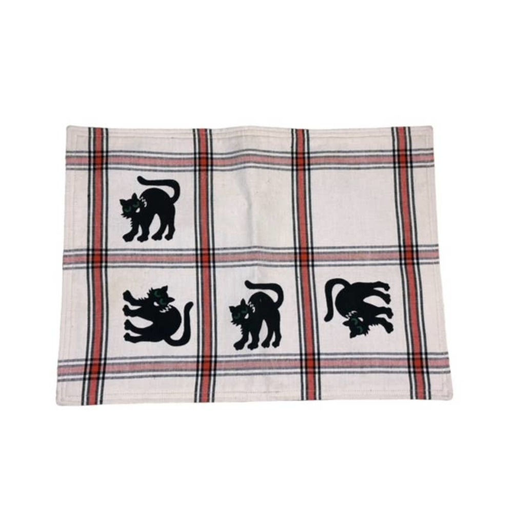 Halloween Black Cat Plaid Linen Placemat